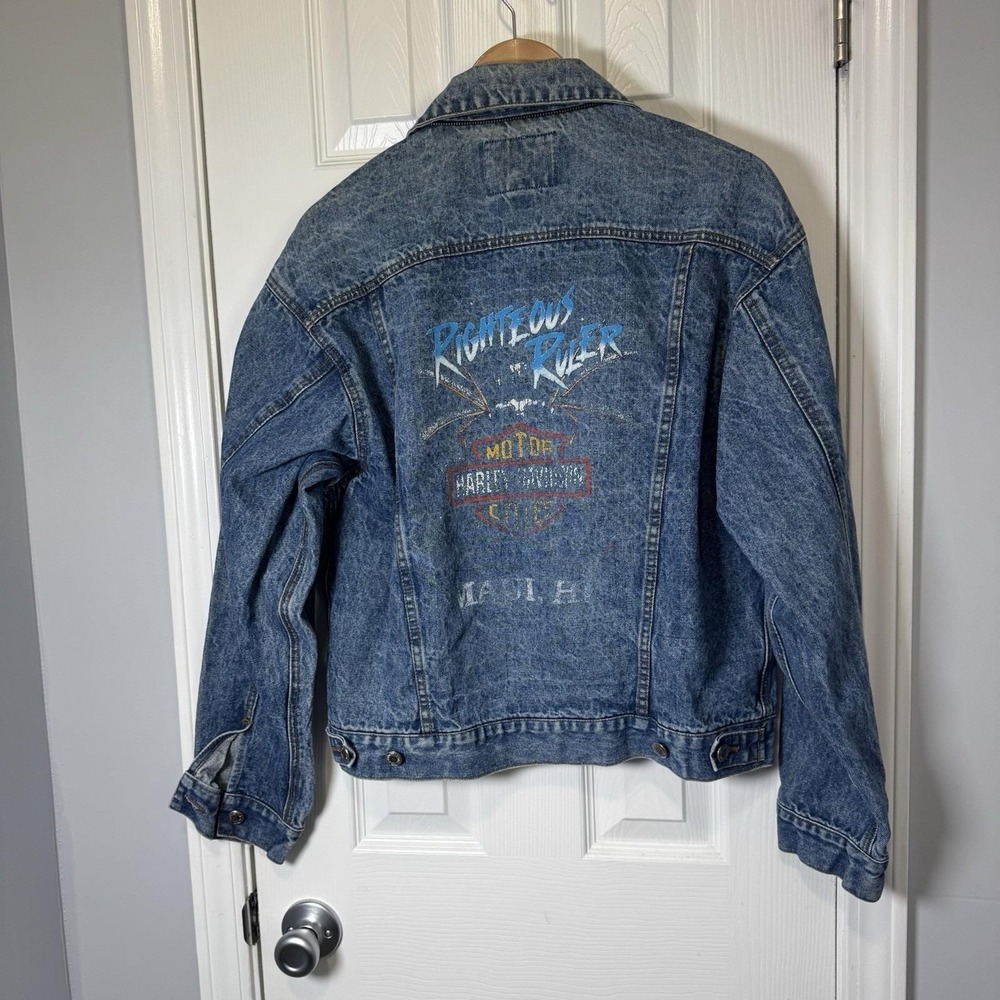 Harley Davidson Denim Jacket Men's S Blue Jean Vintage Trucker Biker Maui HI‎